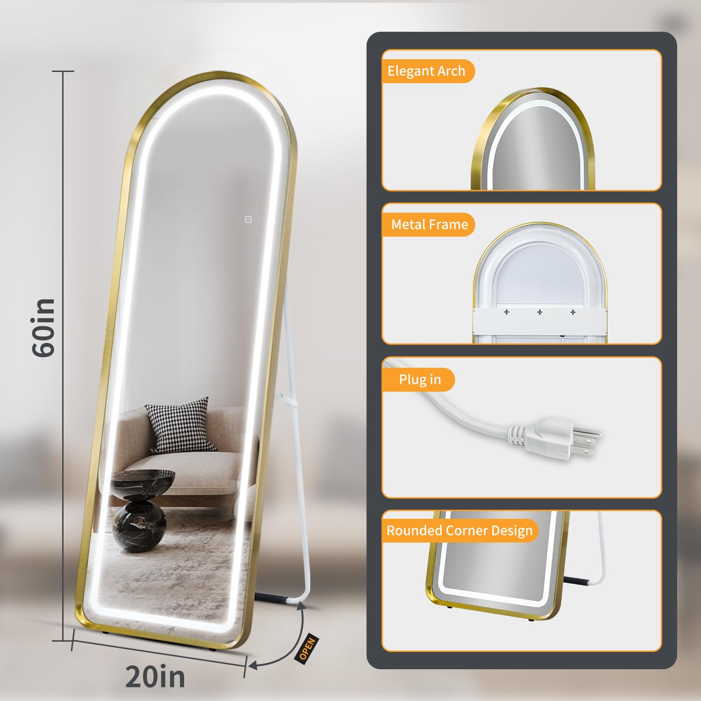 SBAGNO Arched Mirror,60" x 20" Full Length Mirror with LED,LED Floor Mirror,Arched Lighted Mirror,Dimming & 3 Color Modes & Touch,Free Standing/Wall Mounted Mirror