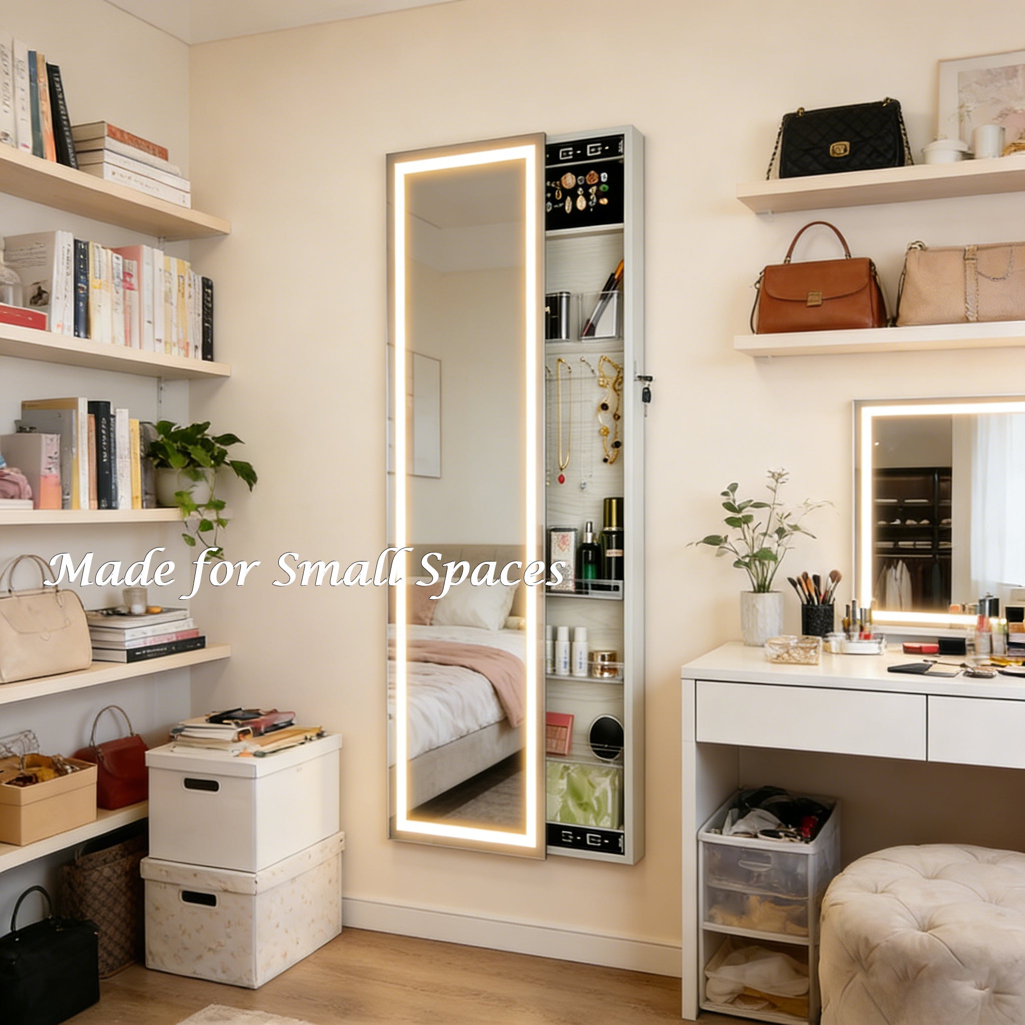 S’BAGNO Full-Length LED Mirror Jewelry Cabinet — Wall or Door Mount, Sliding Storage, 3 Adjustable Colors