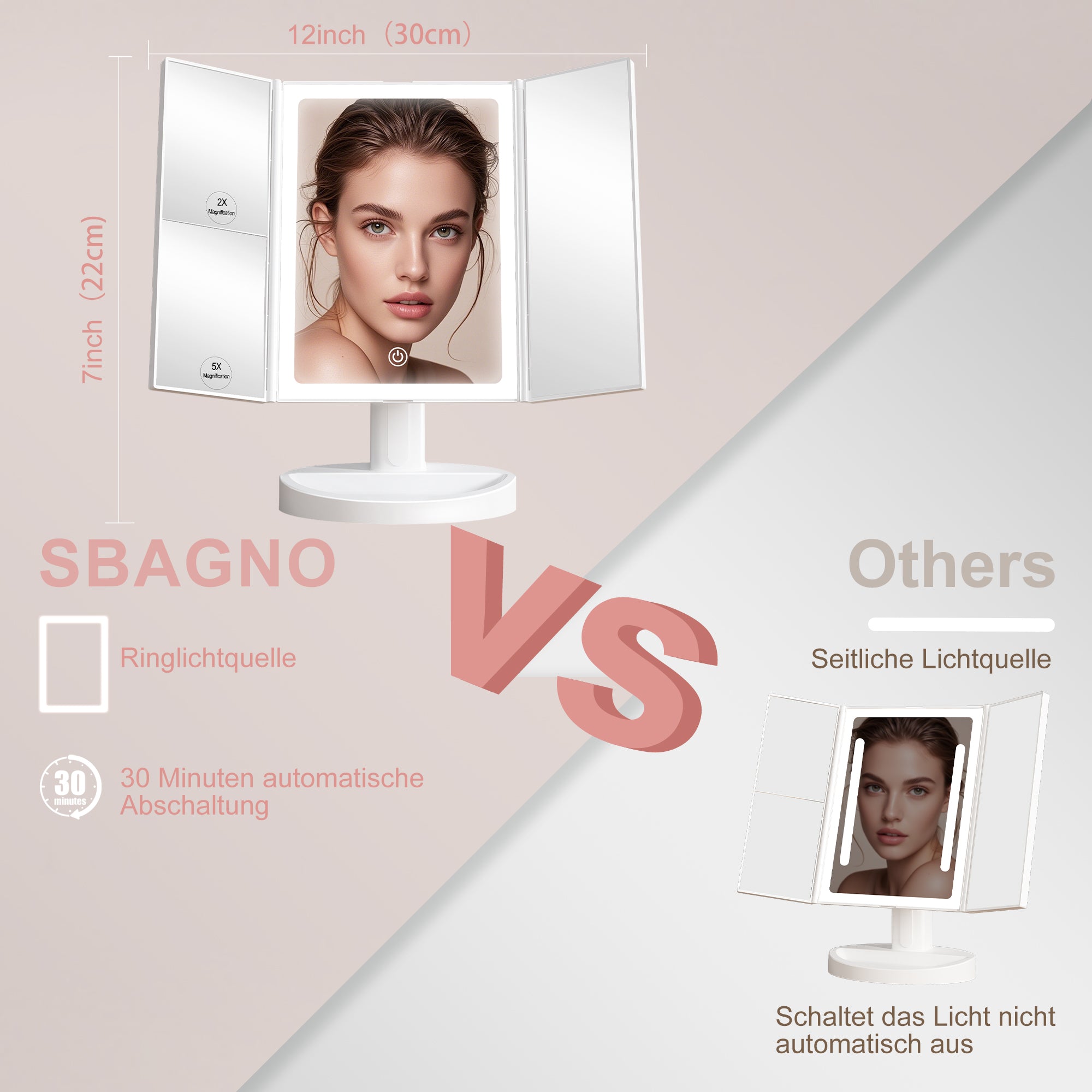 S'bagno LED Makeup Mirror with 1X/2X/5X Magnification, Dimmable Light