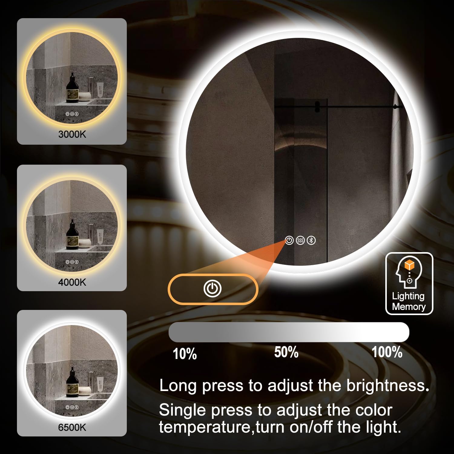 S'BAGNO 24 Inch Round LED Bathroom Mirror with Lights, Backlit and Front Lighted, Anti-Fog Vanity Mirror Wall Mounted