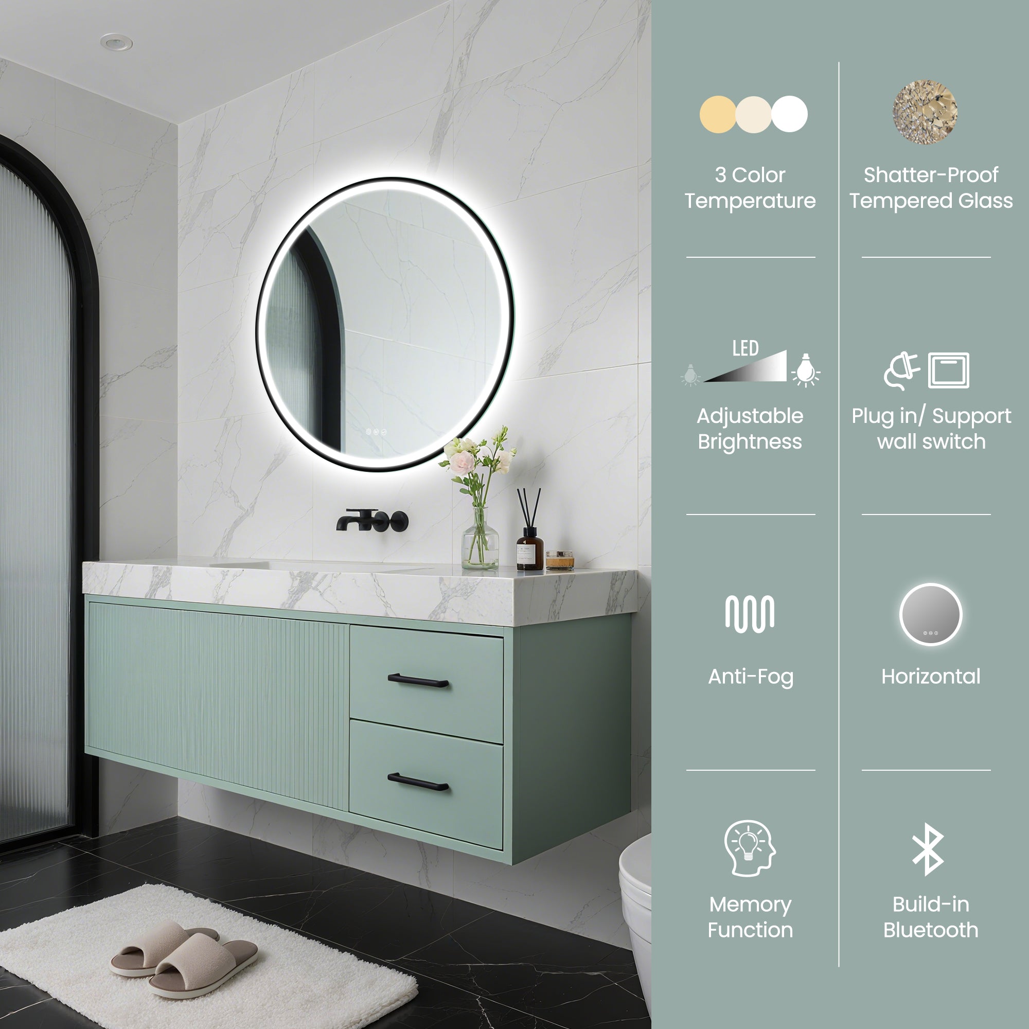 S'BAGNO 24x24 Inches LED Round Bathroom Mirror