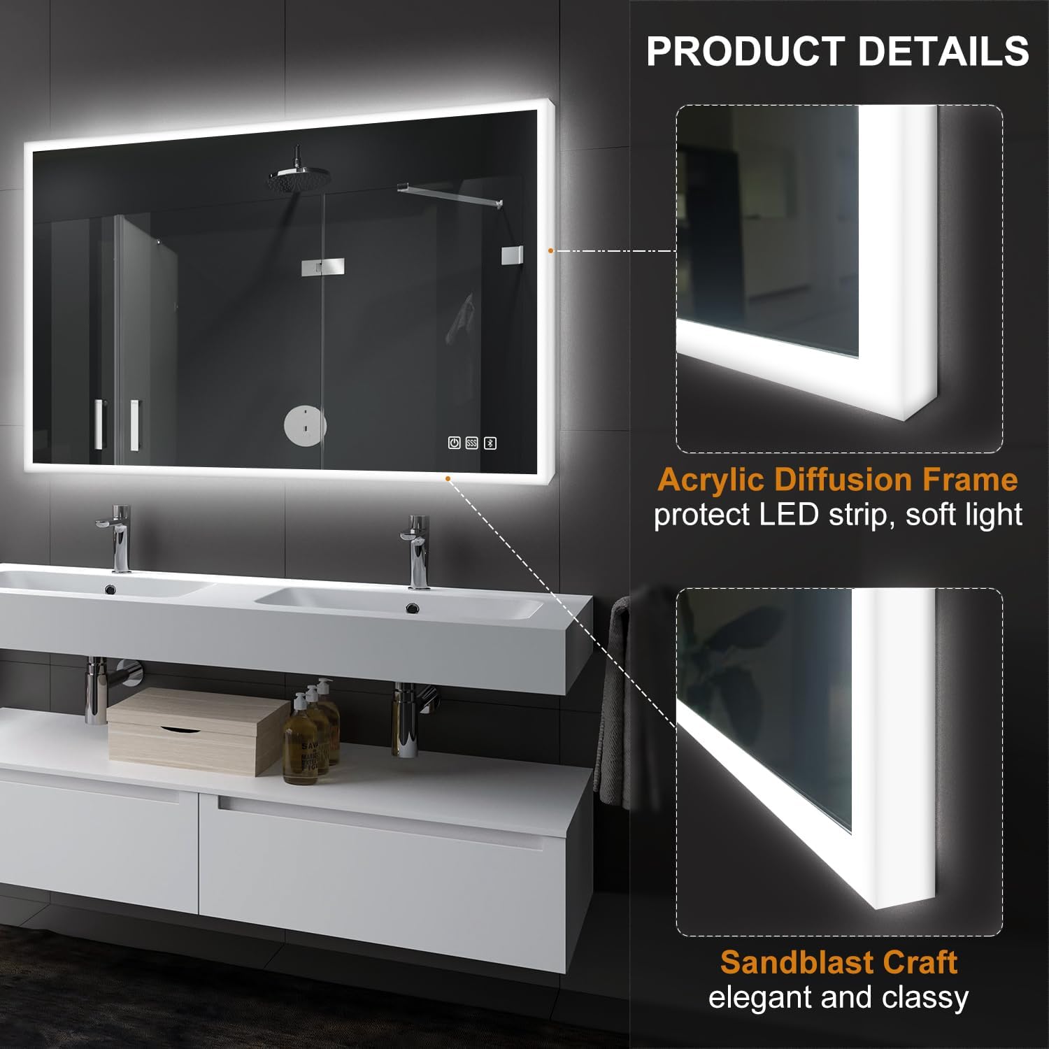 S'BAGNO 40x28inch LED Bathroom Mirror with Lights, 3D Border Bathroom Vanity Wall Mirror with Buletooth, Anti-Fog