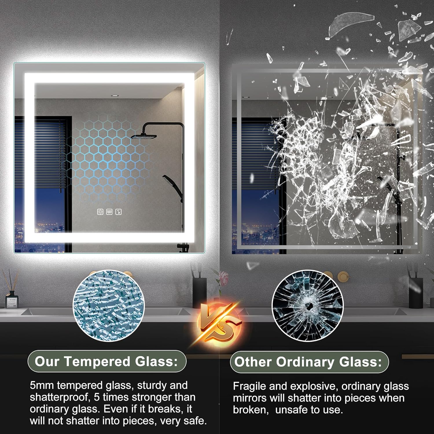 comparison of 5mm tempered glass bathroom mirror and ordinary glass showing shatterproof safety and 5 times stronger durability