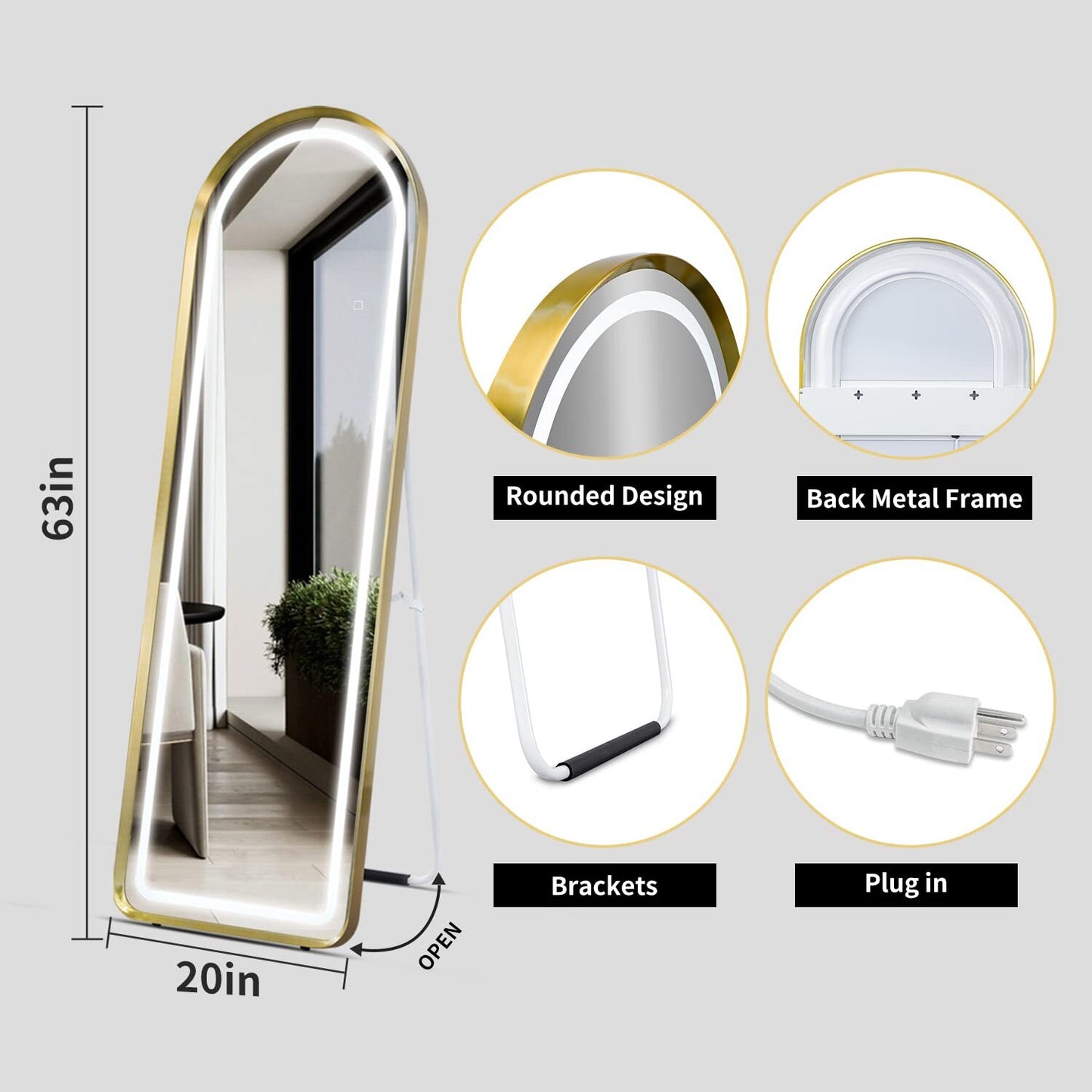 SBAGNO 63" x 20" Led Mirror Full Length,Full Length Mirror with Lights Arch Design,Dimming & 3 Color Modes,Lighted Full Body Length Light up Mirror Touch,Free Standing,Wall Mounted