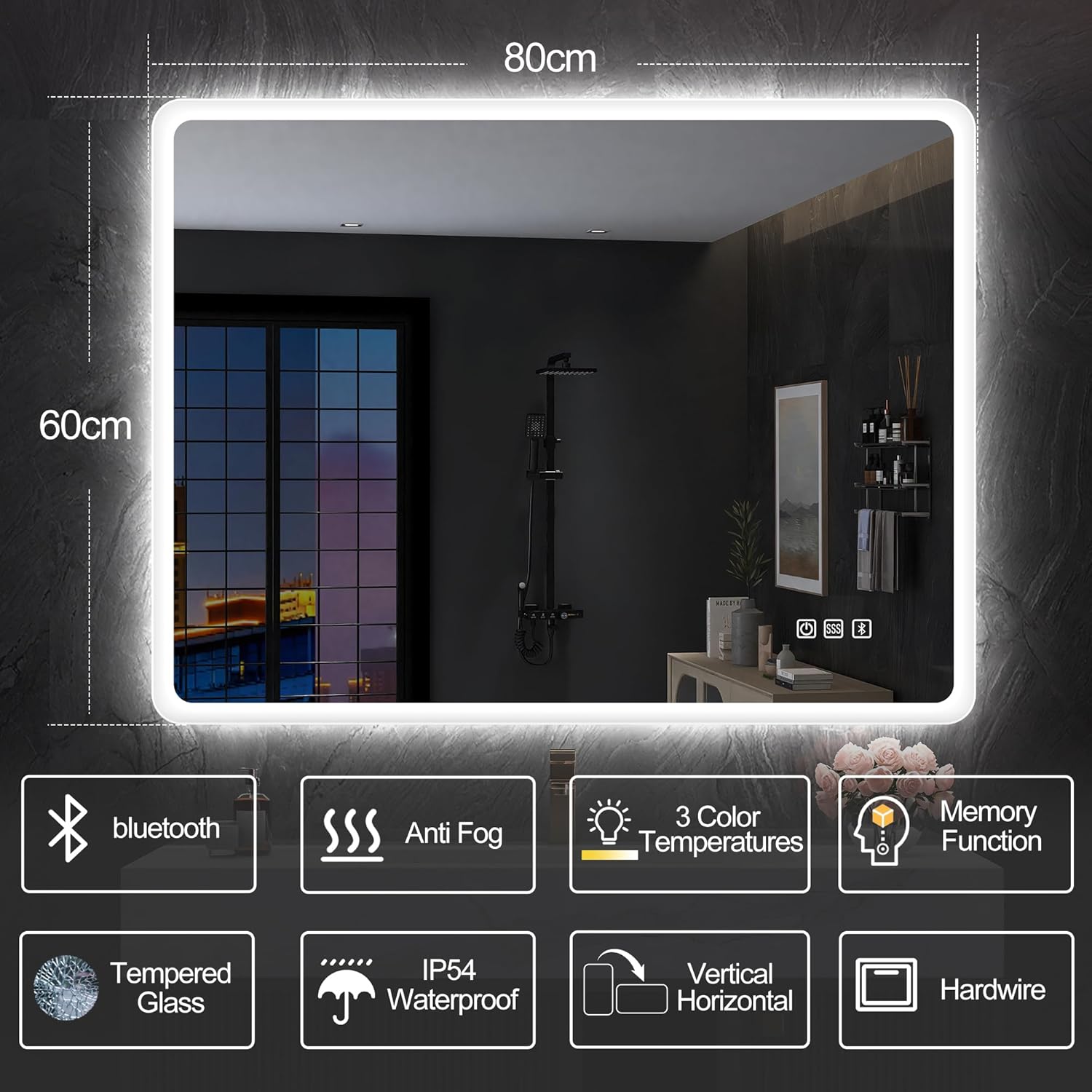 S'bagno LED Bathroom Mirror with Demister , IP44 Illuminated Bathroom Mirror with Memory