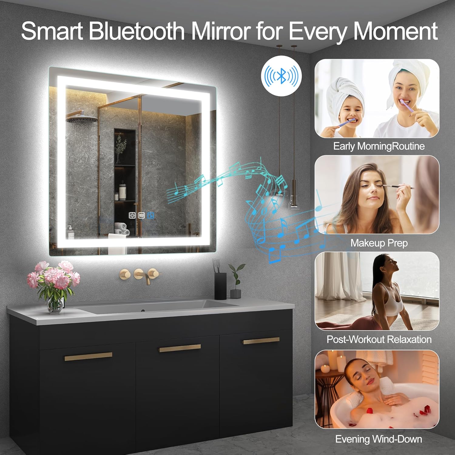 LED bathroom mirror with built in Bluetooth speaker playing music during morning routine