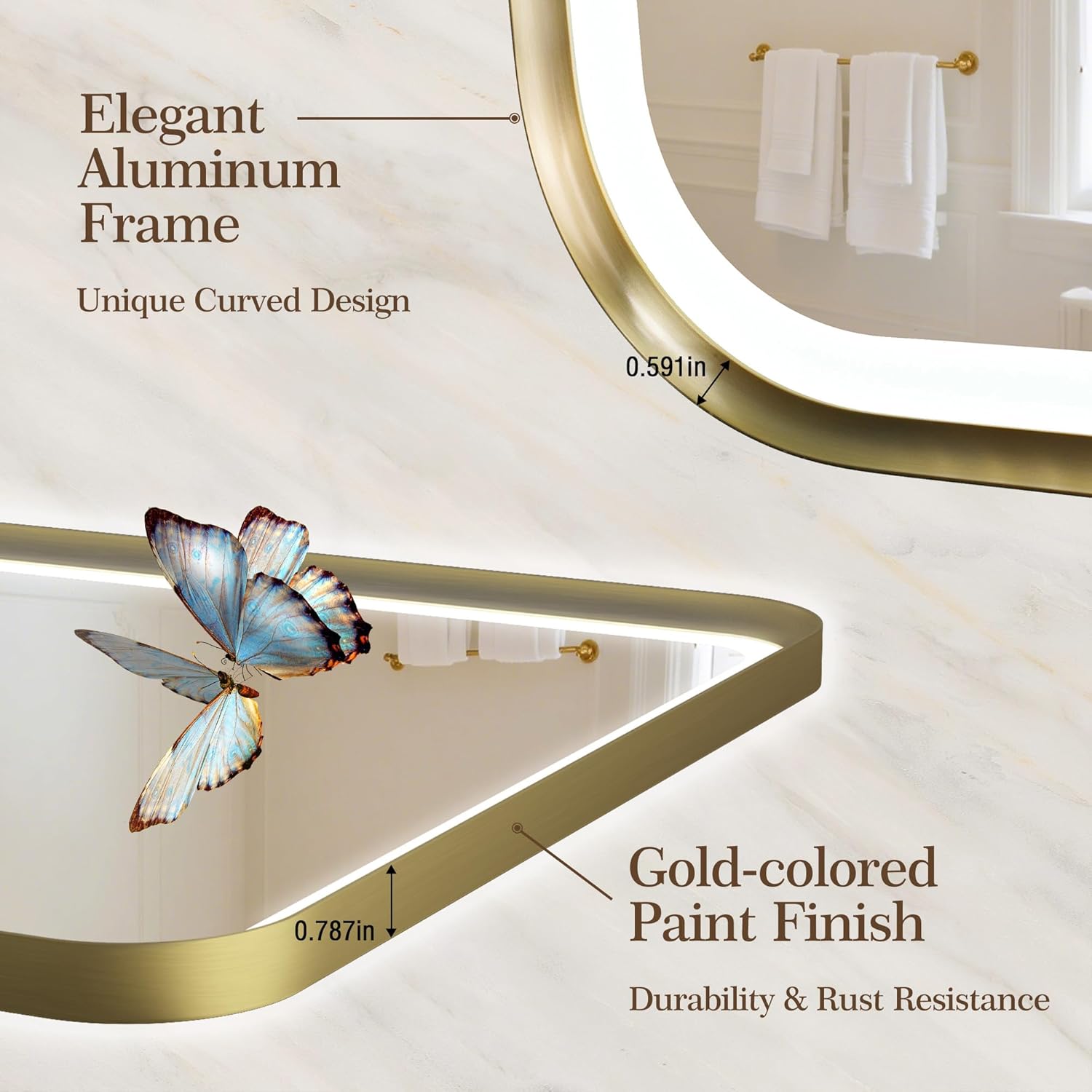 close up of gold aluminum alloy frame on LED bathroom mirror with modern luxury design