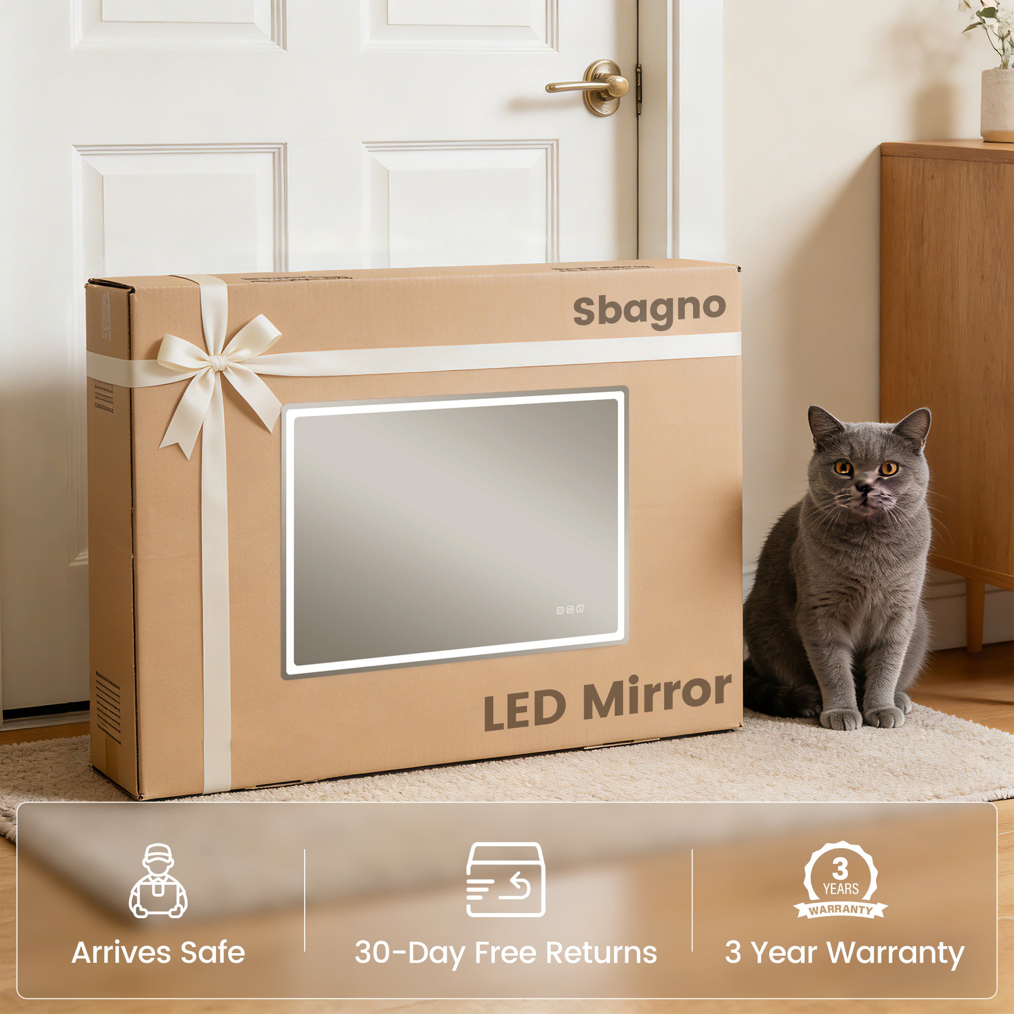 LED bathroom mirror with 30 day free returns and 3 year warranty protection