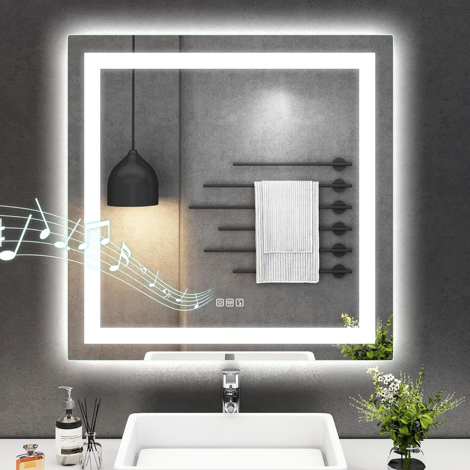 close up detail of LED bathroom mirror with front and backlit lighting design