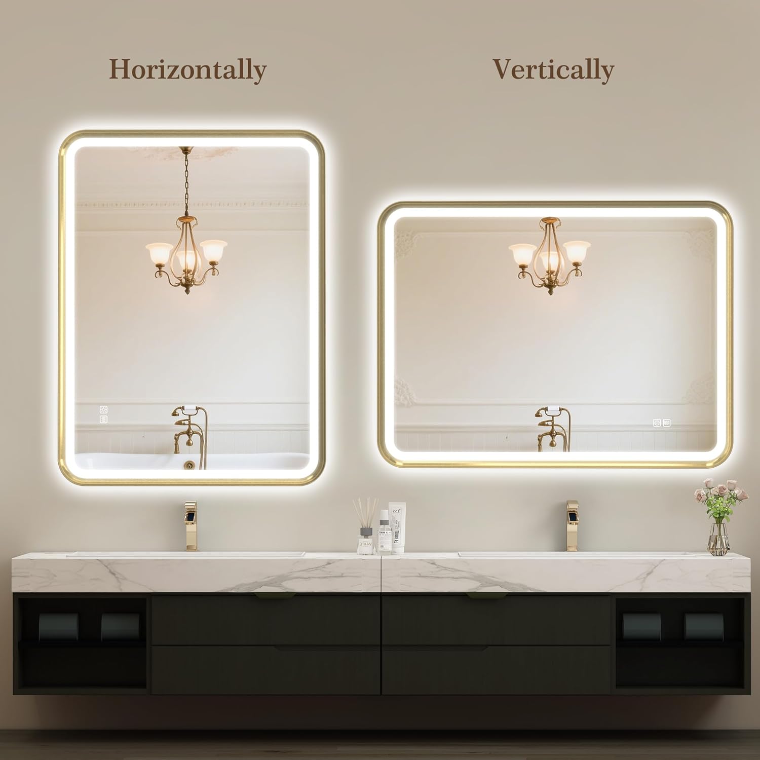 rectangular LED bathroom mirror mounted horizontally and vertically in bathroom space