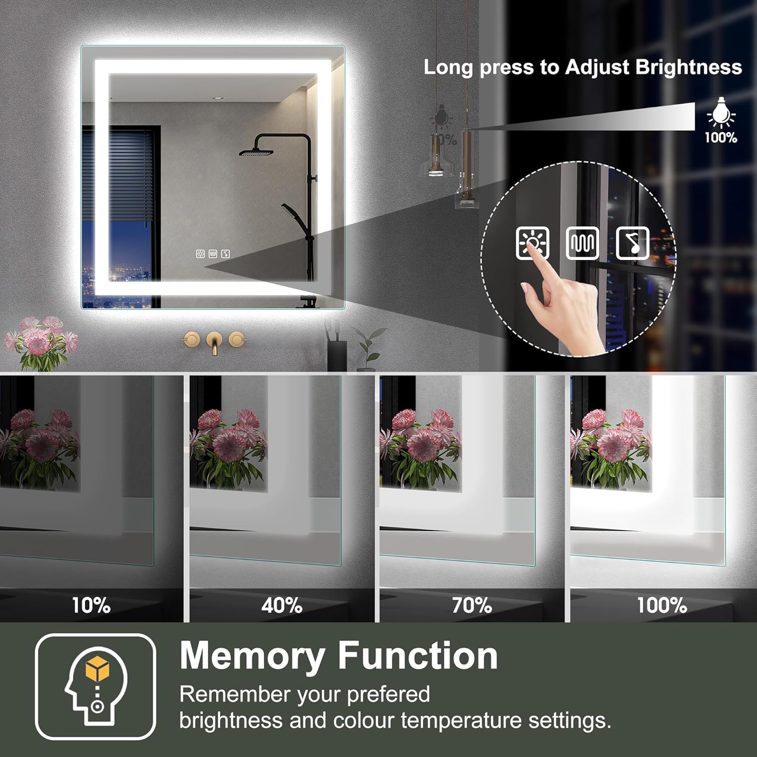 bathroom mirror with adjustable brightness from 10 percent to 100 percent stepless dimming