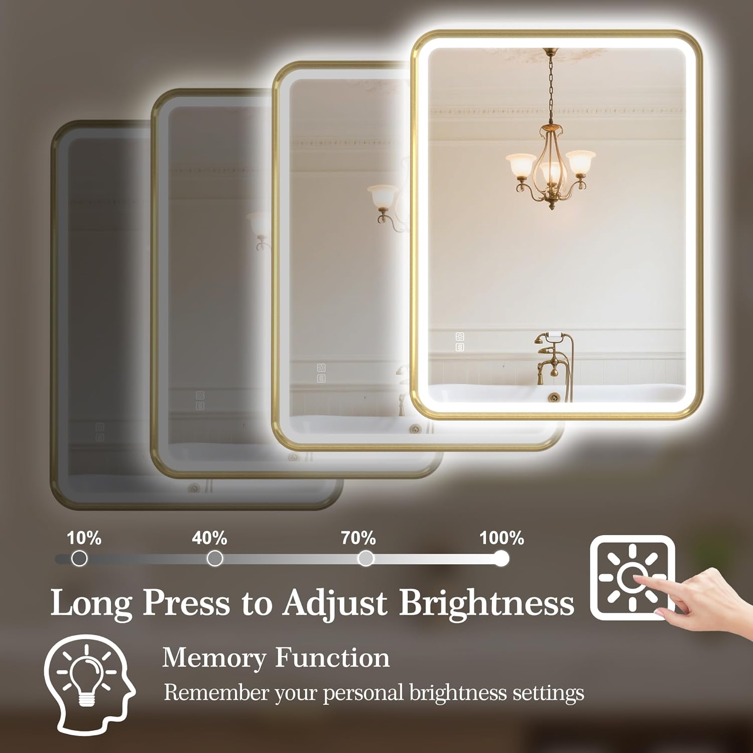 bathroom mirror with touch control and adjustable brightness from 10 percent to 100 percent