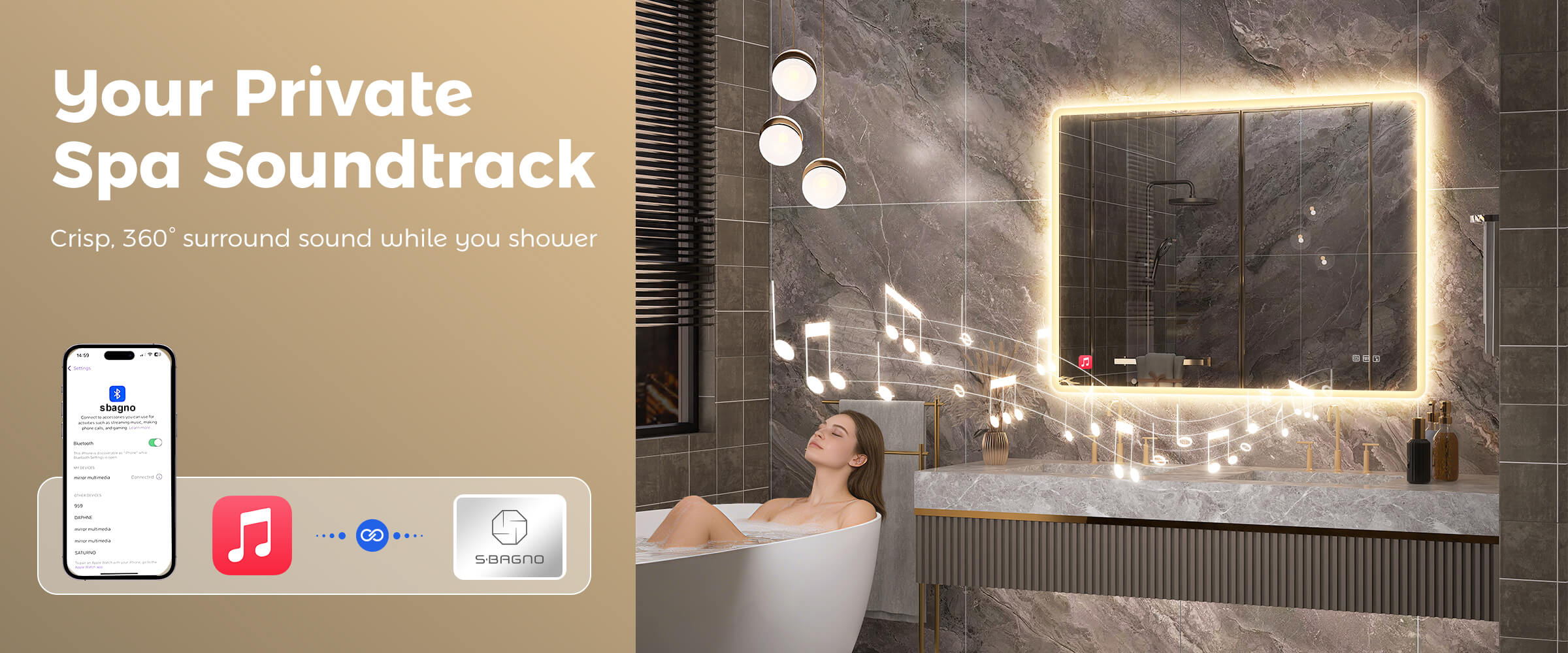 LED bathroom mirror with anti-fog, Bluetooth and dimmable lighting, installed above vanity in small apartment bathroom