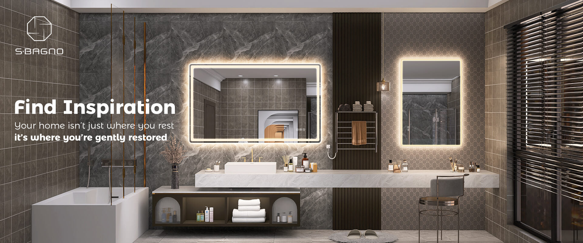 LED bathroom mirror with anti-fog and dimmable lights in modern vanity bathroom, contemporary style, US home design