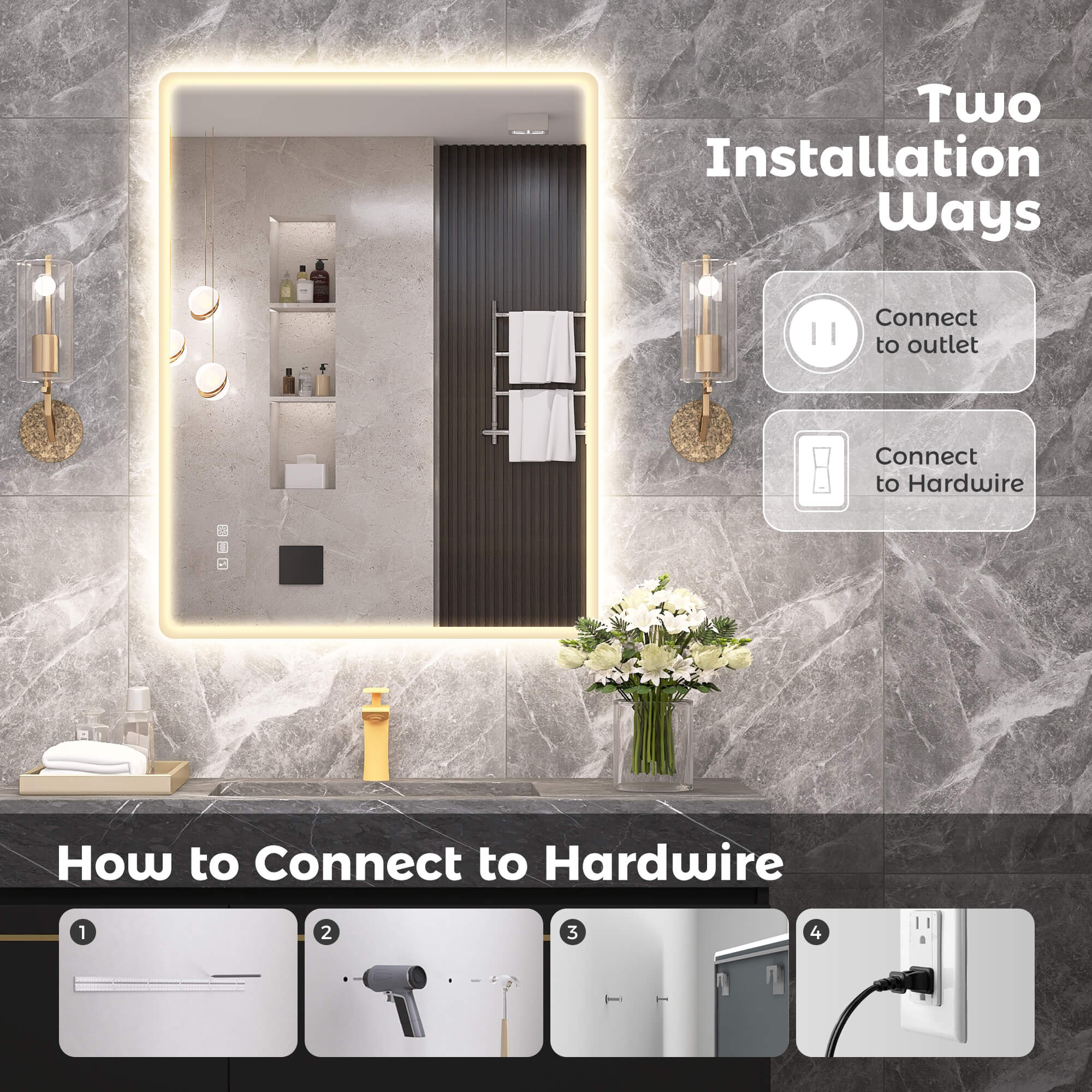 LED bathroom mirror with plug-in and hardwired installation options, dimmable anti-fog lighted vanity mirror for modern United States bathroom design