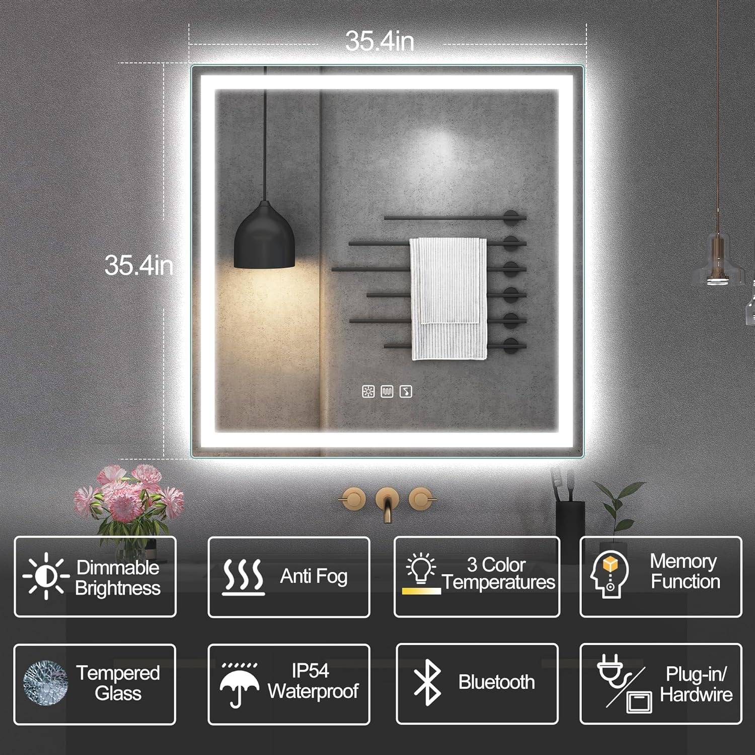 square LED bathroom mirror mounted horizontally and vertically in bathroom setting