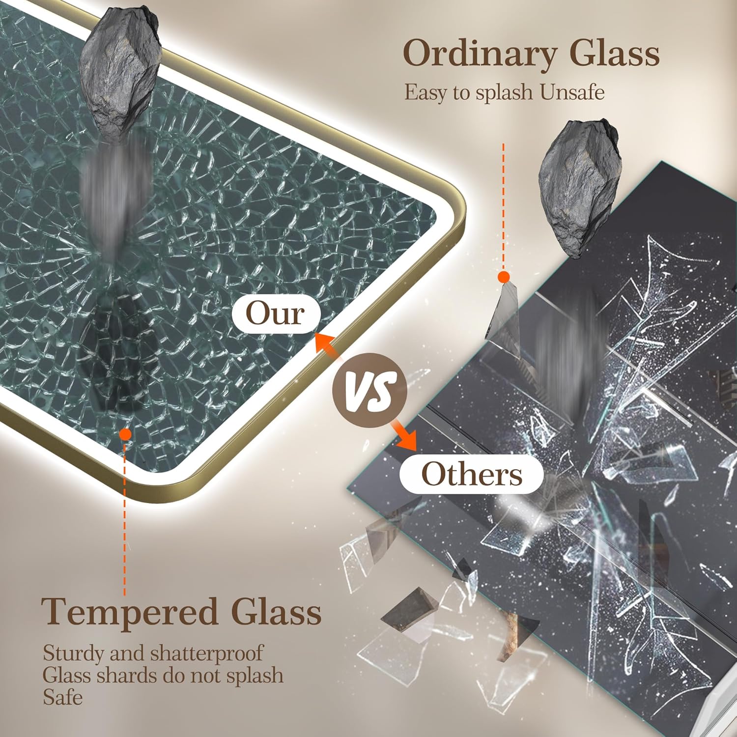 comparison of tempered glass bathroom mirror and ordinary glass showing shatter resistant safety and durability