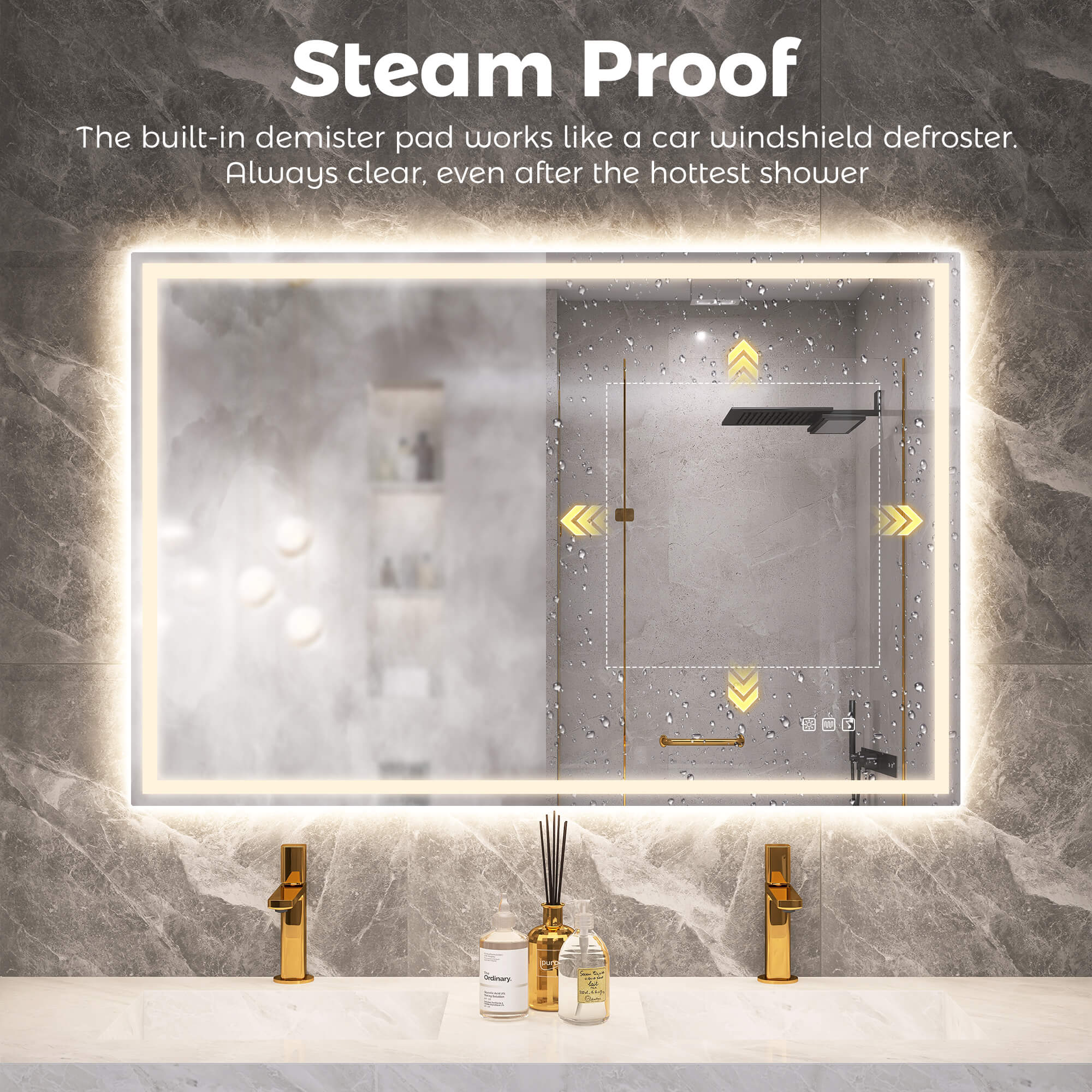 The built in demister pad works like a car windshield defroster Always clear  even after the hottest shower bathroom mirror