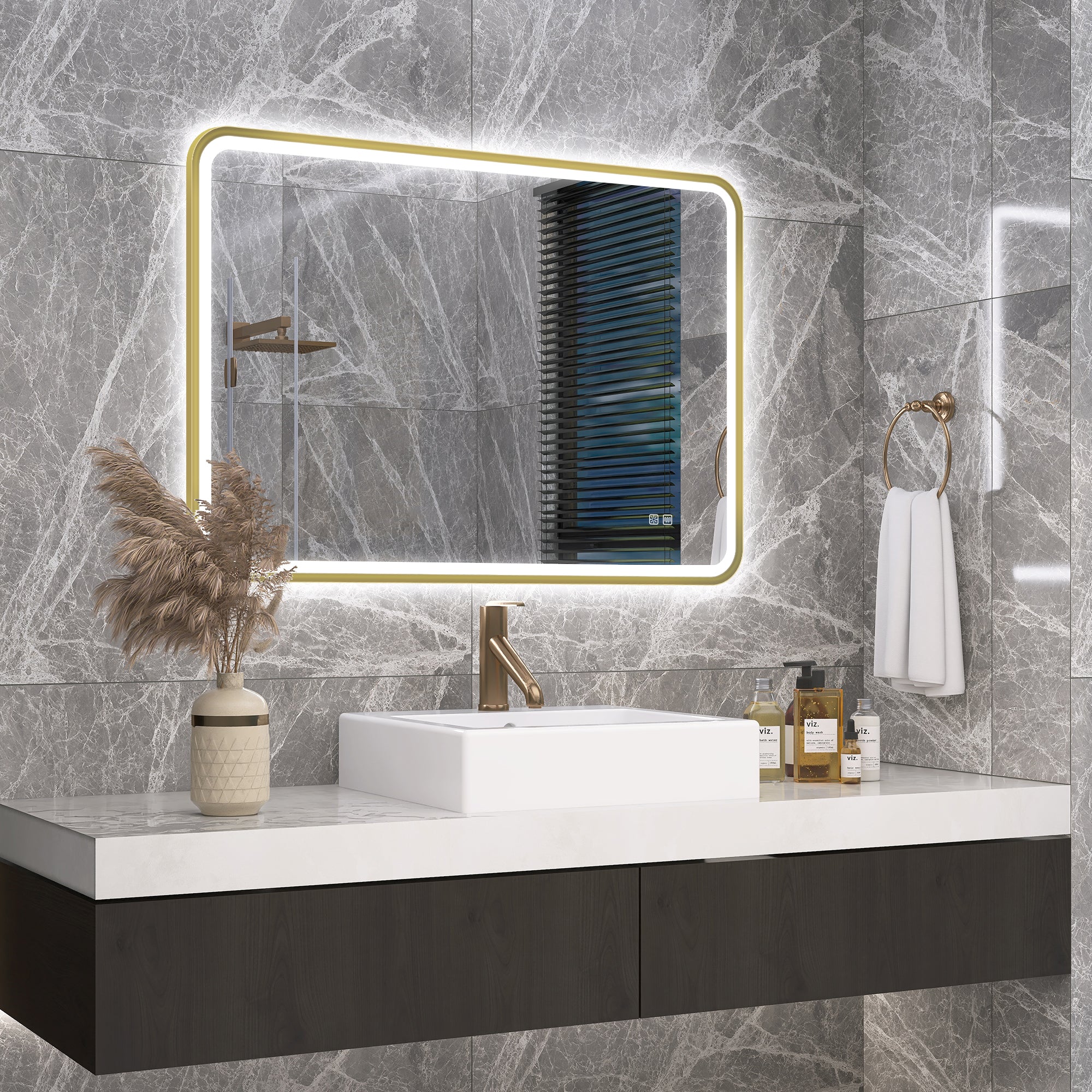 S'bagno 40X28 Gold LED Mirror for Bathroom with Frontlit & Backlit，Anti-Fog,Horizontal/Vertical