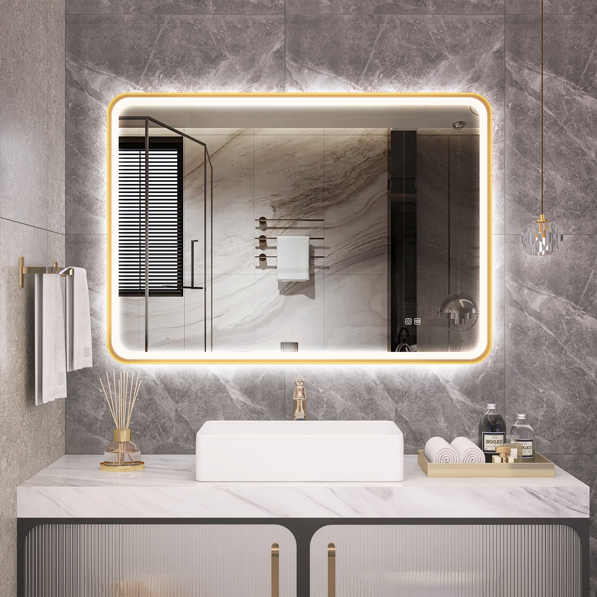 S'bagno 40x28inch Gold LED Mirror for Bathroom with Frontlit & Backlit
