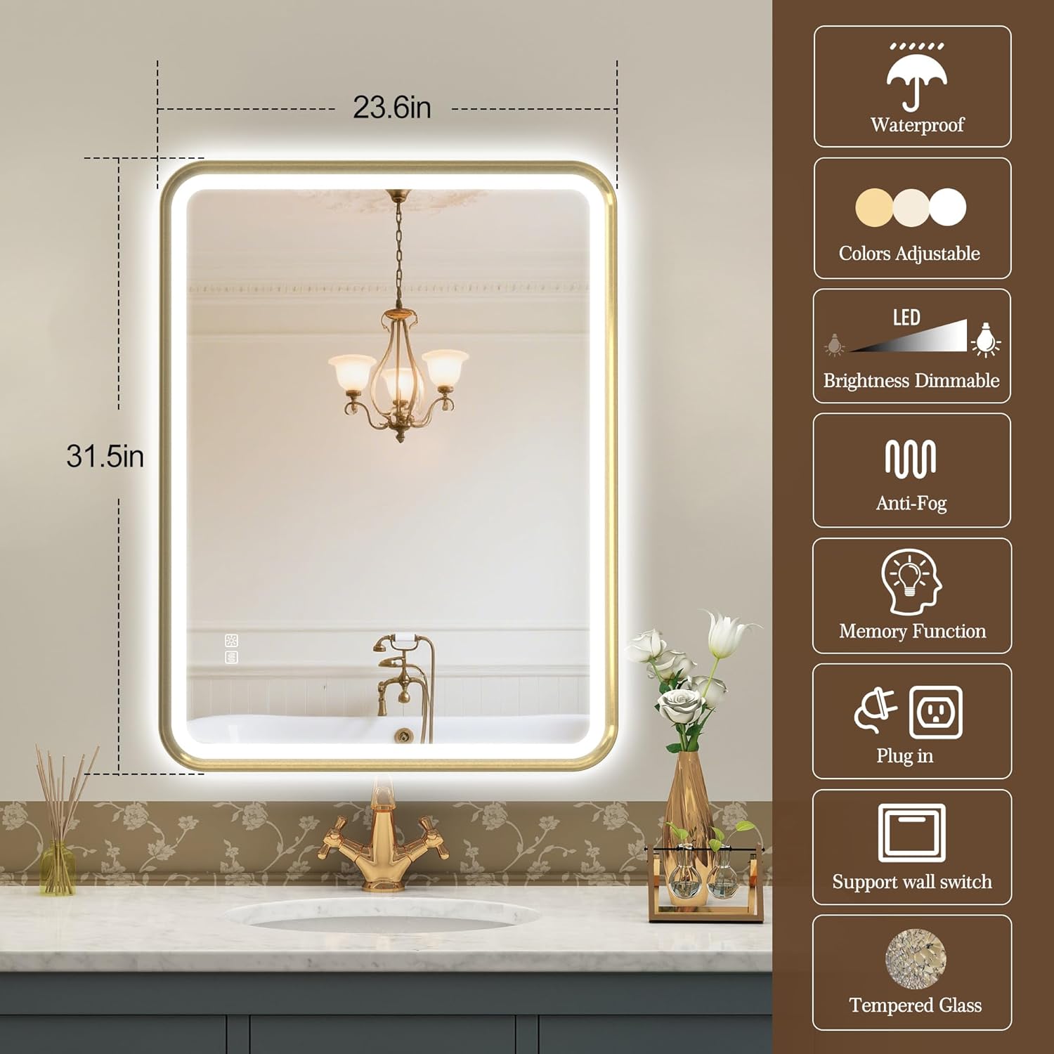 S'bagno 32X24 Gold LED Mirror for Bathroom with Frontlit & Backlit