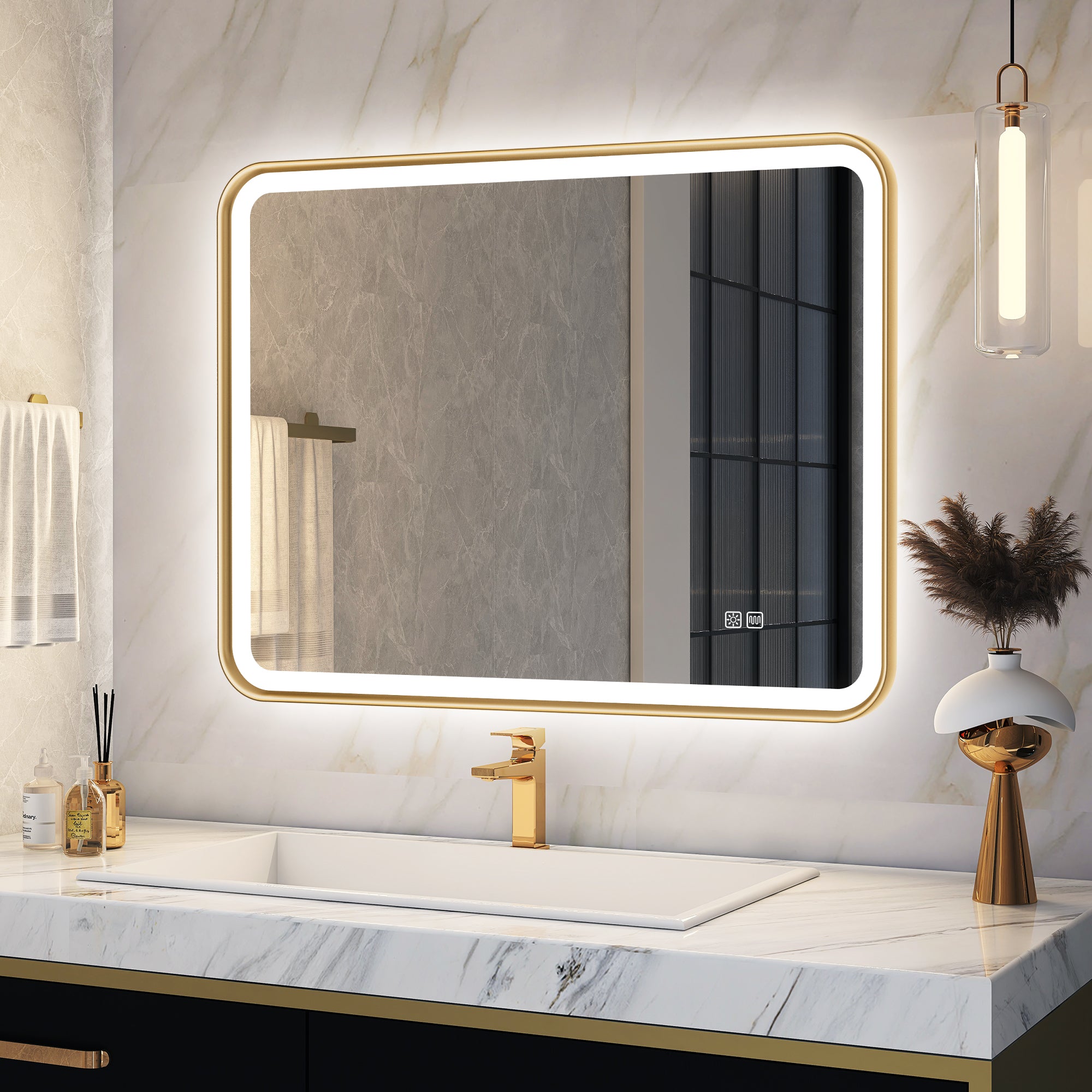 S'bagno 32X24inch Gold LED Mirror for Bathroom with Frontlit & Backlit