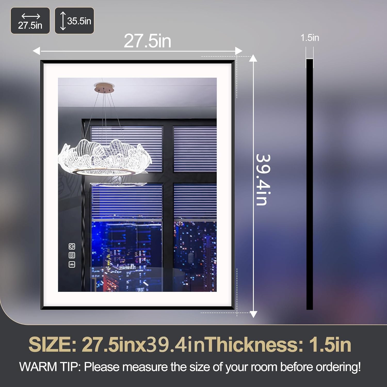 S'BAGNO 39.4x27.6 Inches LED Bathroom Mirror with Black Frame