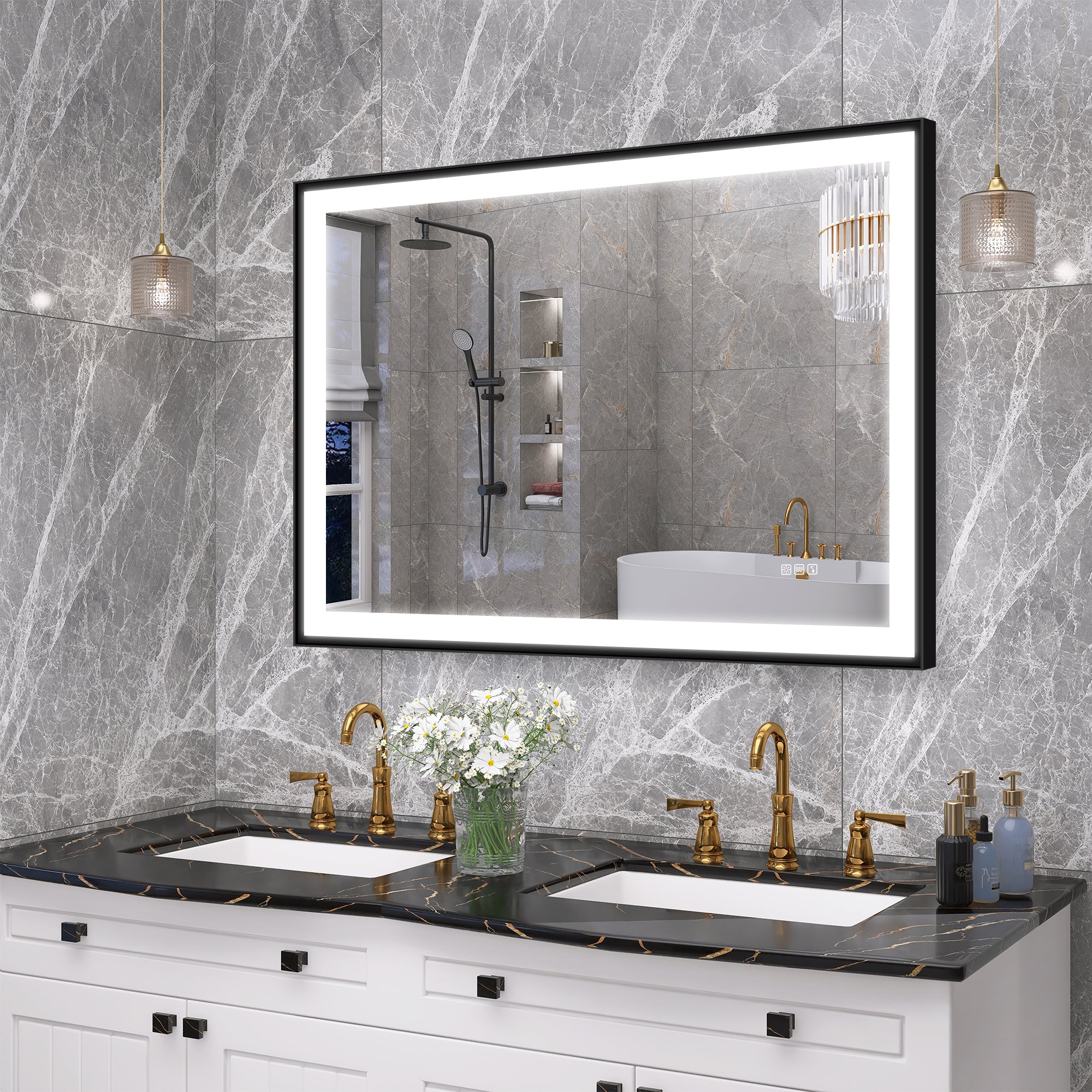 S'BAGNO 39.4x27.6 Inches LED Bathroom Mirror with Black Frame with Bluetooth Speaker,Anti-Fog, Horizontally/Vertically
