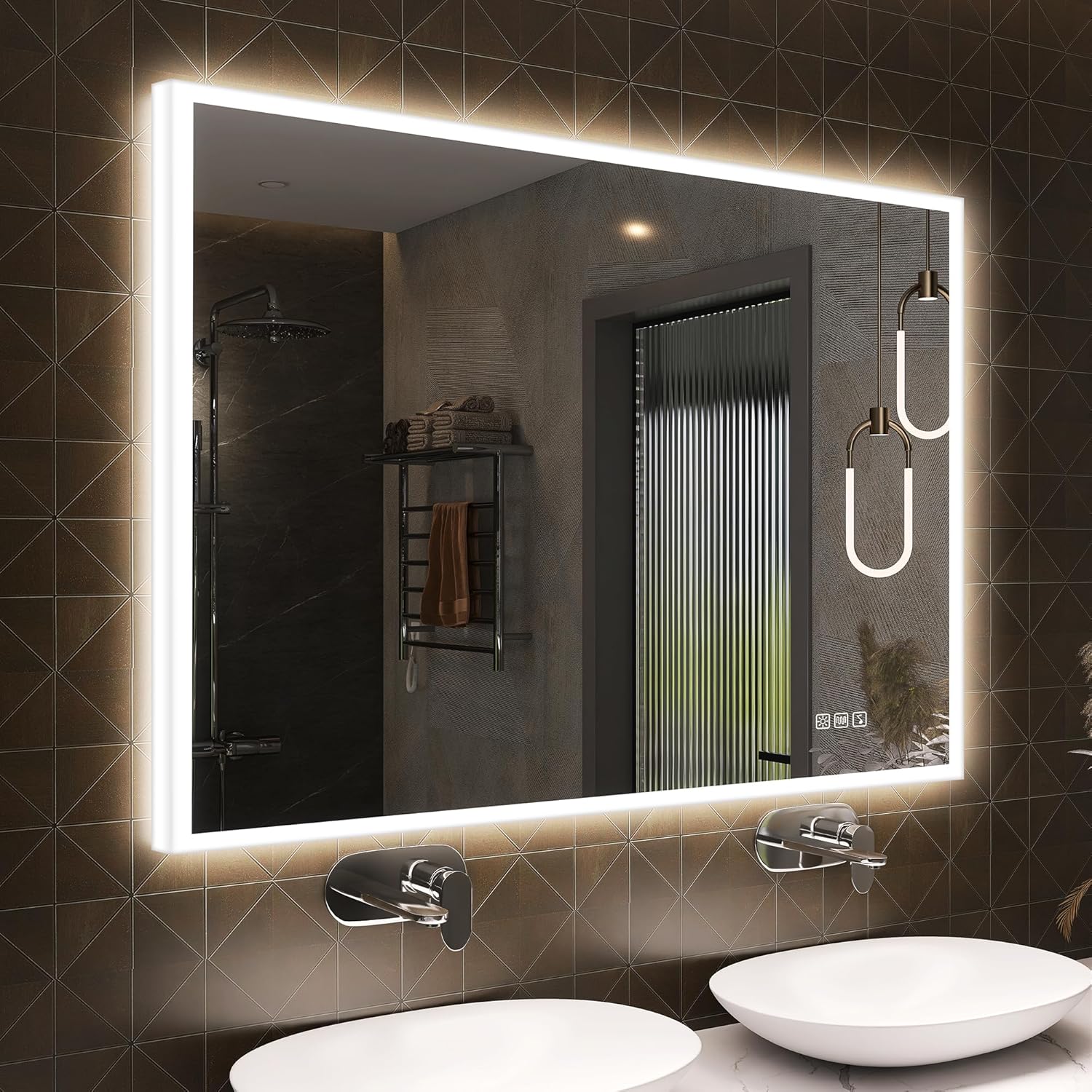 S'BAGNO 40x28inch LED Bathroom Mirror with Lights, 3D Border Bathroom Vanity Wall Mirror with Buletooth, Anti-Fog