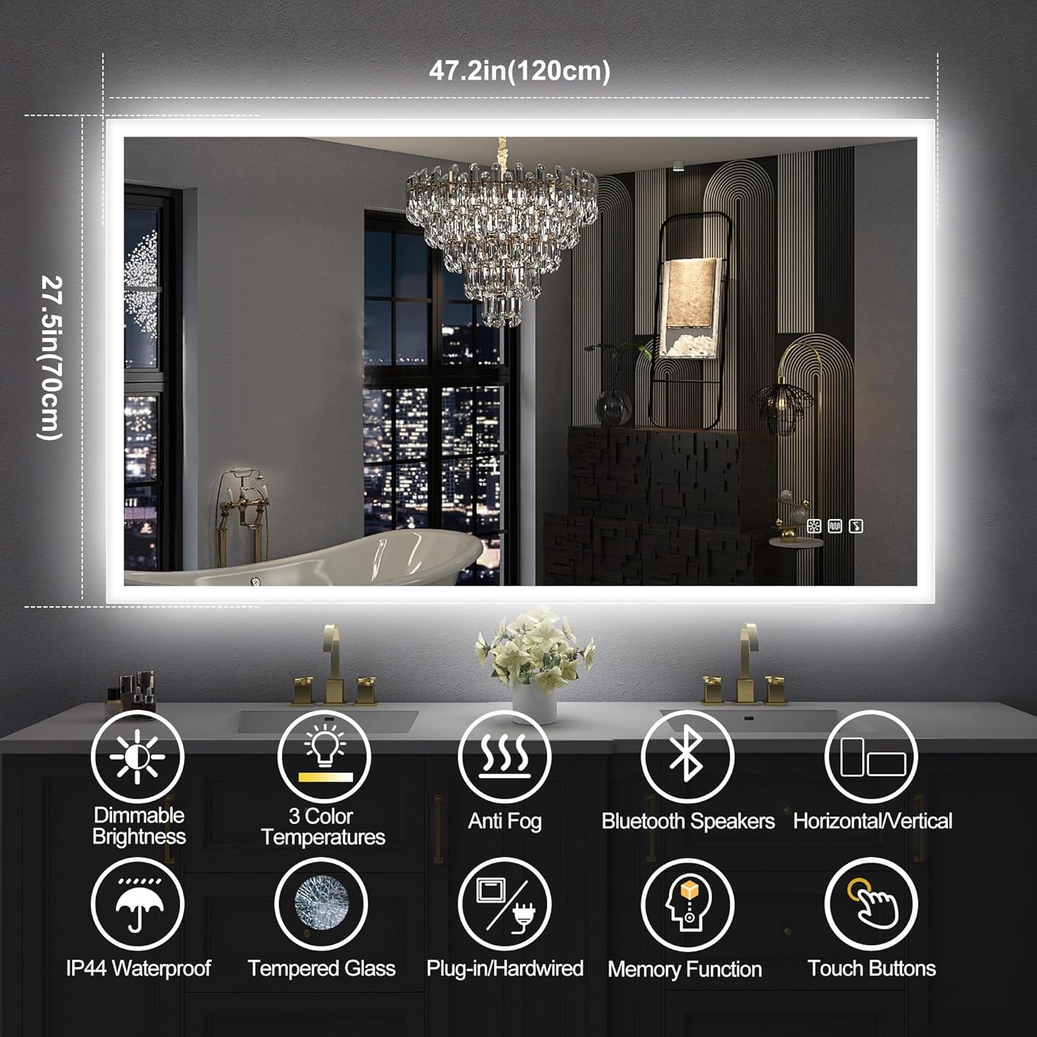 S·BAGNO 47.2''Lx27.5''W 3D Border Bathroom Vanity Wall Mirror with Lights