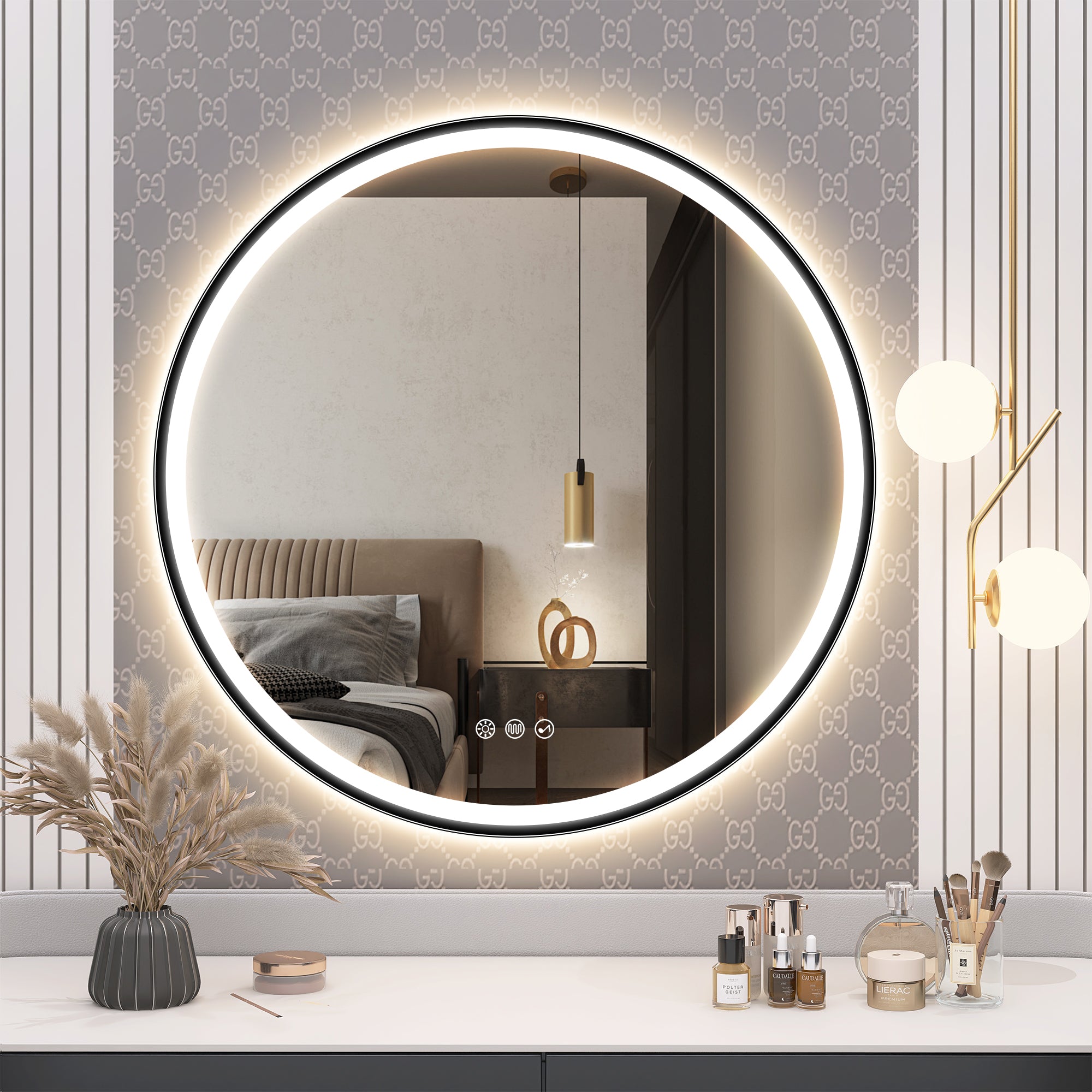 S'BAGNO 32x32 Inches LED Round Bathroom Mirror with Bluetooth Speaker,Anti-Fog