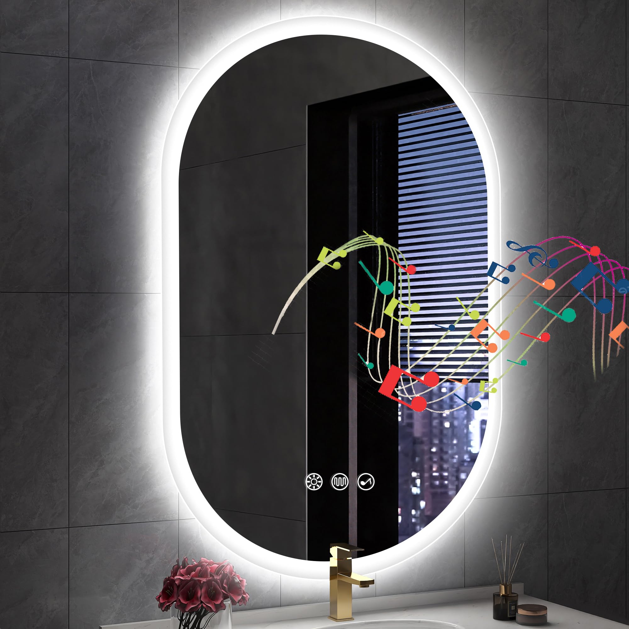Sbagno 24x35.5 inch Oval Bluetooth LED Bathroom Mirror with Anti-Fog,Horizontal or Vertical