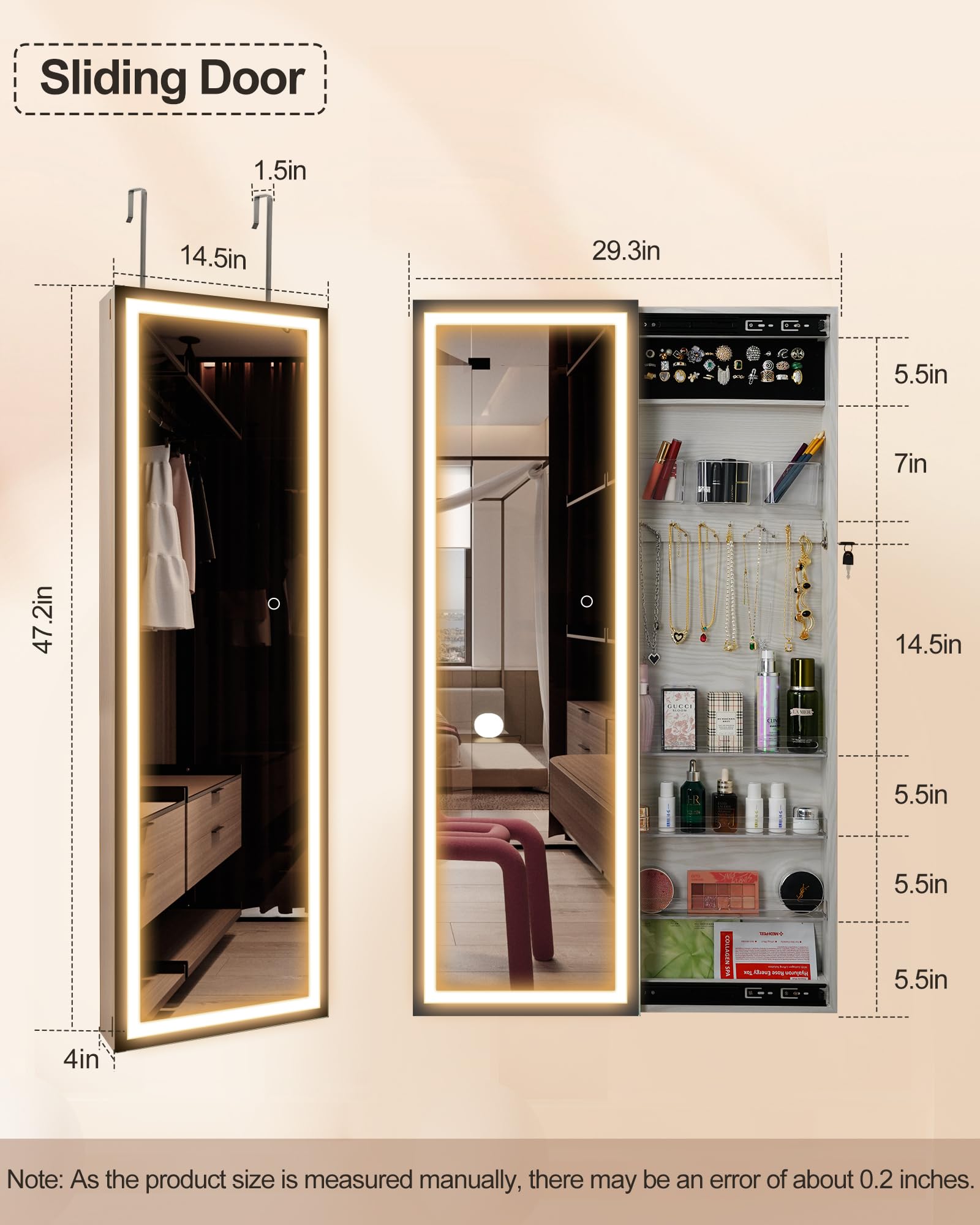 S'BAGNO LED Mirror Jewelry Cabinet, Wall Mounted/Door Hanging Mirror with Storage, 3 colors Adjustable,Sliding Door