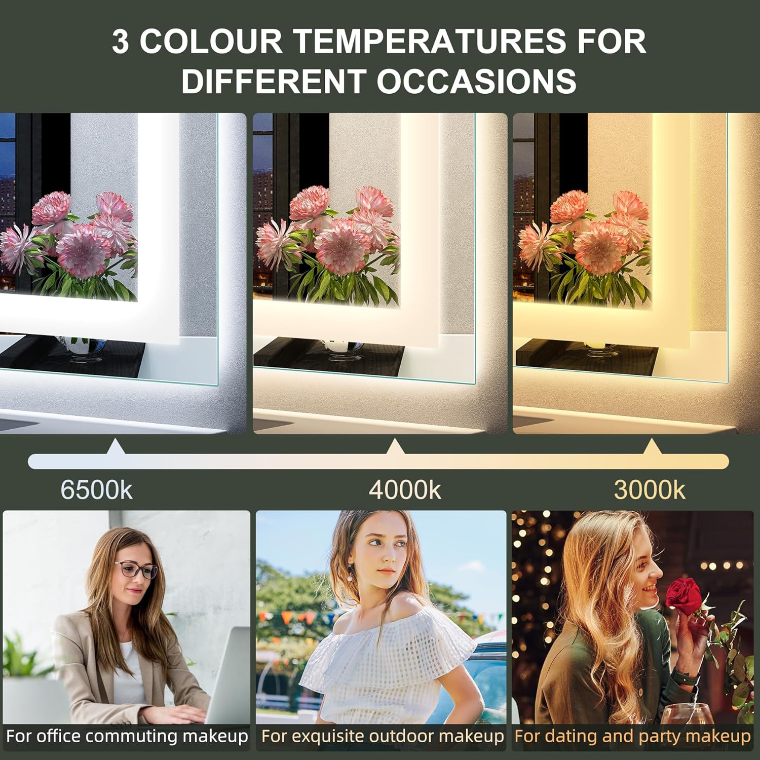 dimmable LED bathroom mirror showing 3000K warm light and 6000K cool light comparison