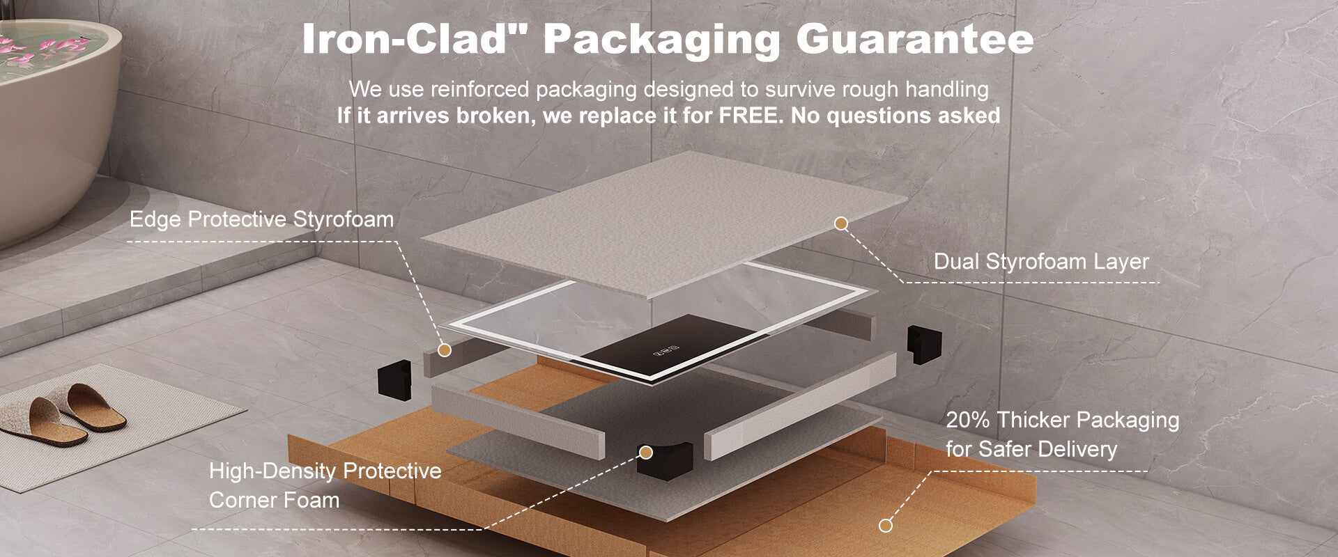 sbagno modern lighted bathroom mirror with touch control and dimmable LED lights above makeup vanity  iron clad packaging guarantee