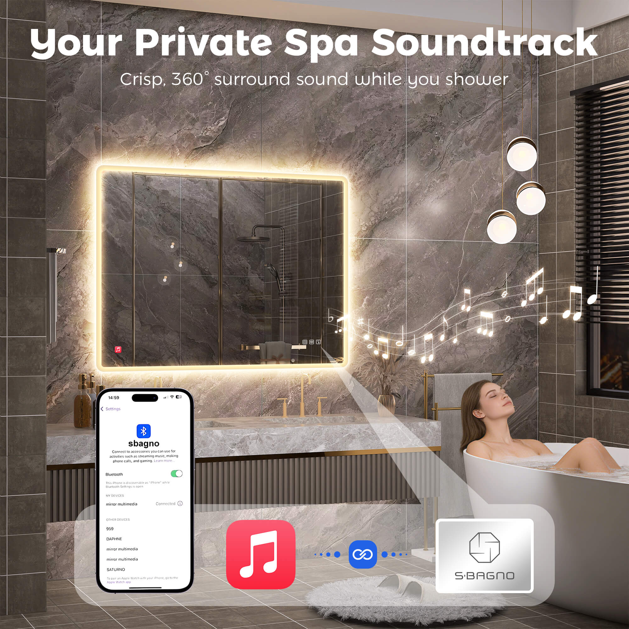 smart bathroom mirror with Bluetooth speaker and soft LED lighting in modern apartment bathroom