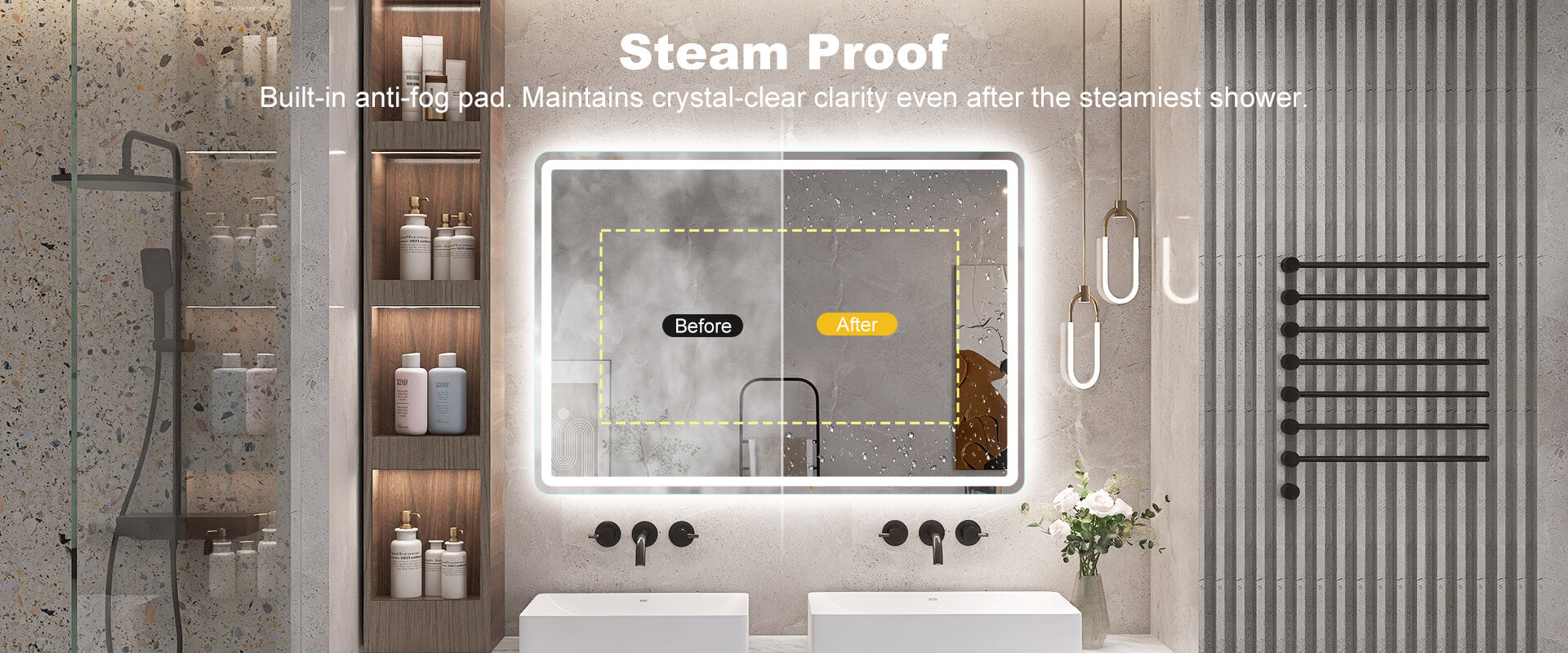 wall mounted LED vanity mirror with anti-fog function and soft backlit lighting